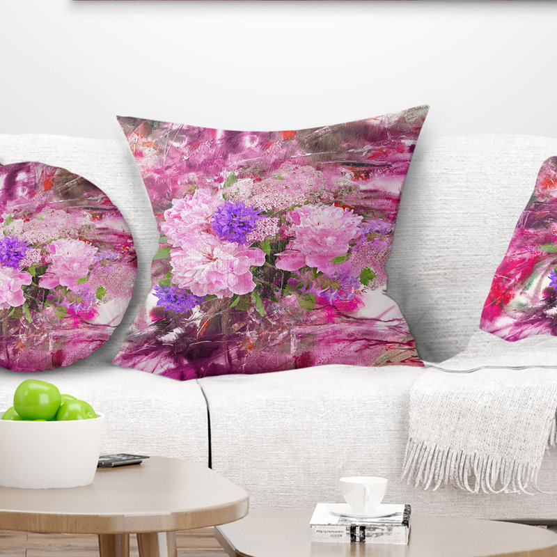 Abstrait avec pivoine rose - coussin à imprimé floral, 18 po x 18 po, Coussin décoratif