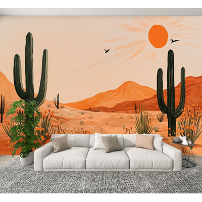 Peel and Stick Wallpaper Cactus Desert Boho Succulent Sunset Landscape Sun Mountains Wall Murals 100"H x 144"W Removable PVC Wall Paper Self-Adhesive Wall Decor for Bedroom Living Room Home Office