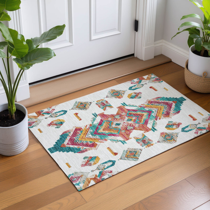 Machine Washable Indoor/Outdoor Chantille ACN2661 Tribal Rug, 1'8" x 2'6", Ivory