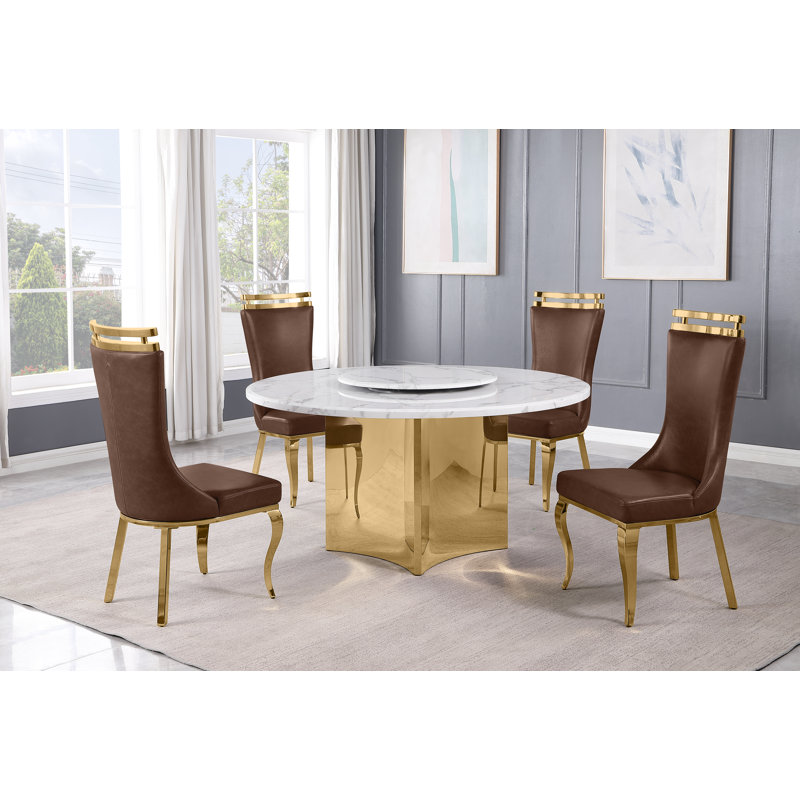 Ensemble de salle à manger en marbre blanc avec chaises Lazy Susan et Leathaire, Moka