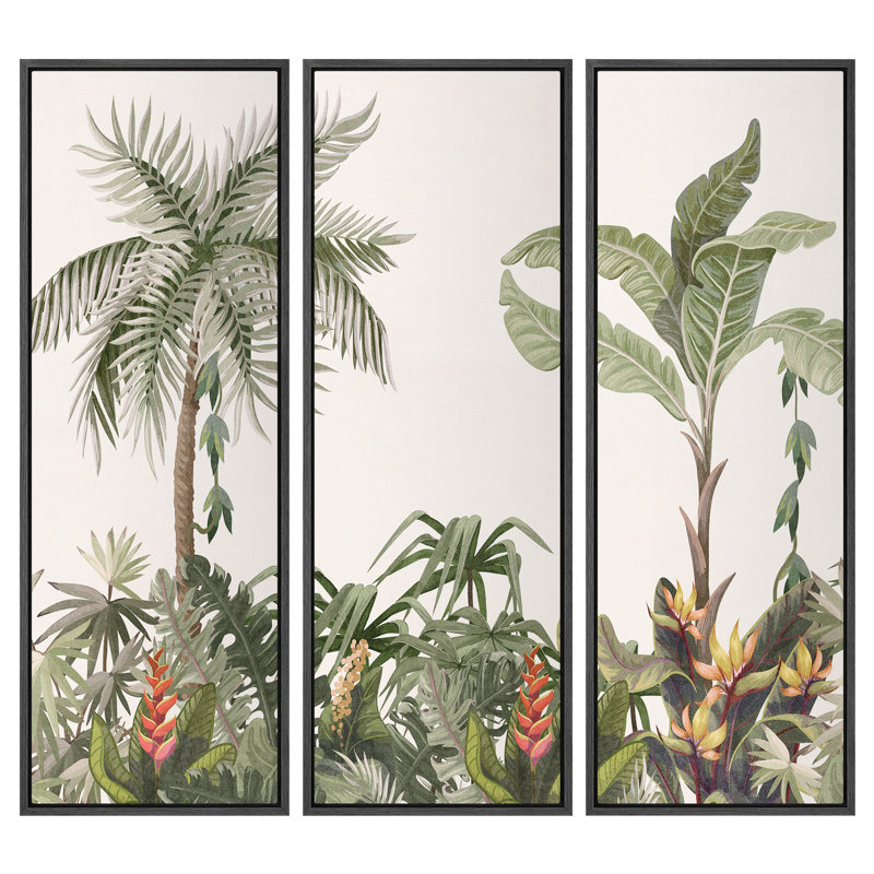 «Soft Neutral Tropical Palms and Botanical Greenery», reproduction d'art sur toile encadrée 3 pièces., H 60 po x l 60 po