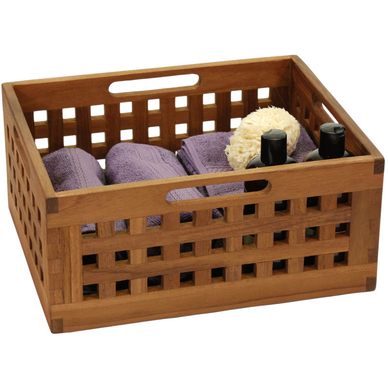 7" Grate™ Teak Storage Solid Wood Bin, Dark Brown, 7" H x 13" W x 16" D