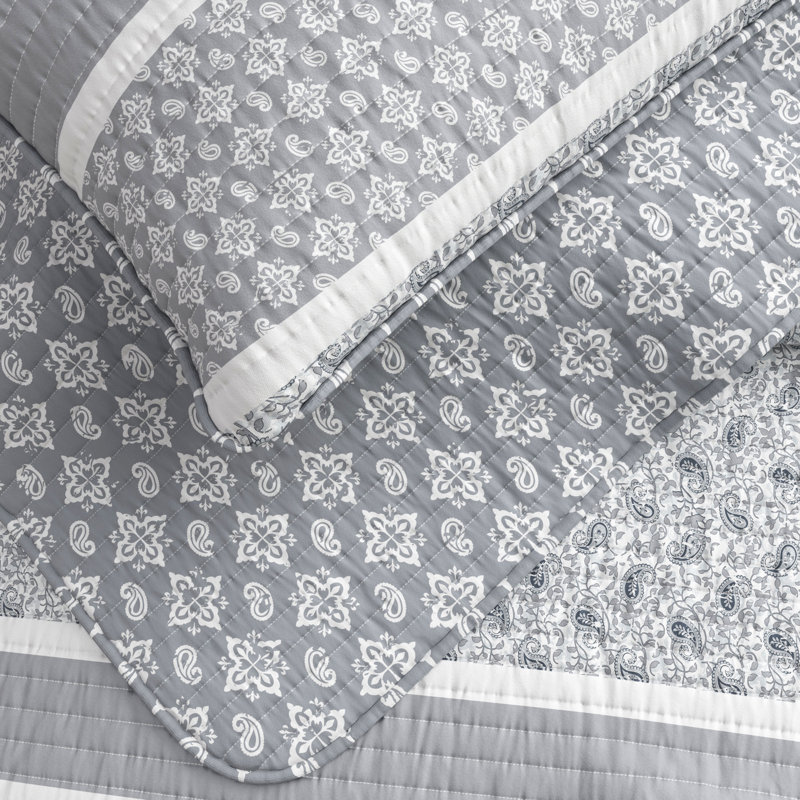 Ensemble de courtepointe réversible Paisley, Courtepointe pour lit simple / simple TG et 1 taie, Gris