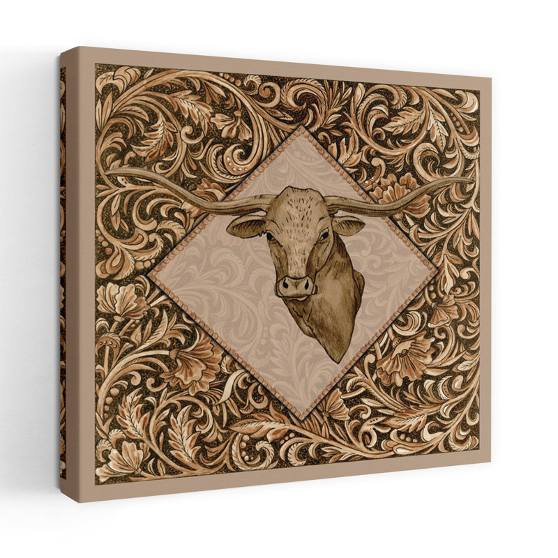Leather Longhorn Contemporary Patterned Border Pattern Art, 18" H x 18" W