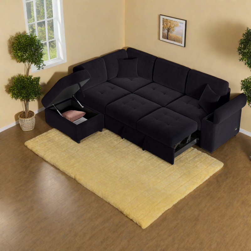 Canapé modulaire moderne en forme de L, velours noir avec repose-pieds de rangement et ports USB pour le salon