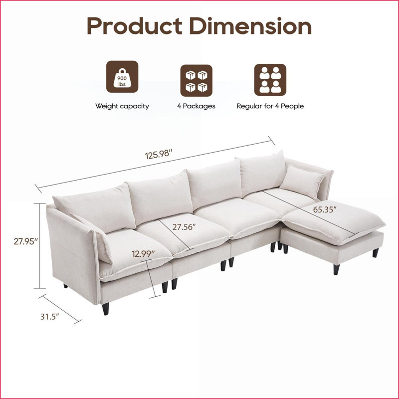 Canapés modulaires pour le salon, canapé en L 4 places en velours côtelé avec repose-pieds mobile, style rétro-moderne | Beige | Bois et tissu