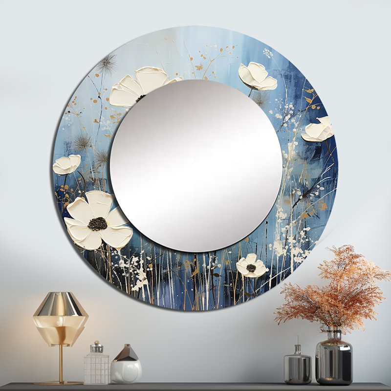 white and blue Fields of Wildflower Beauty - Wildflowers Mirror, White Round Decorative Wall Mirror, Printed Metal Art