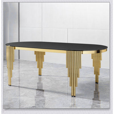 Glass Top Oval Dining Table With Gold Stainless Steel Base