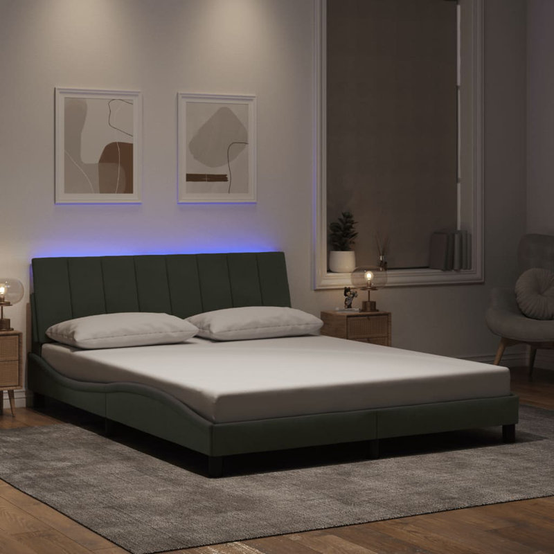 Structure de lit avec DEL sans matelas Hanko gris clair 59,8 "x 79,9" velours, Grand lit, Gris clair