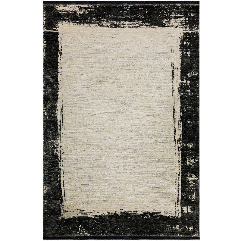 Tapis en polyester tissé à la machine Forteau en crème / noir, Tapis de couloir 3 pi 3 po x 9 pi 10 po