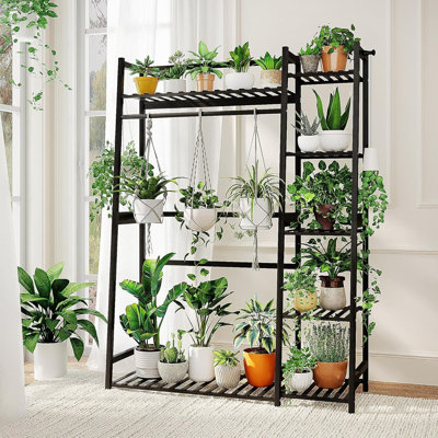 5-Tier Tall Bamboo Plant Stand With Hanging Rod, Large Capacity Indoor Outdoor Ladder Shelf For Plants, Books, And Home Decor by Arlmont & Co.