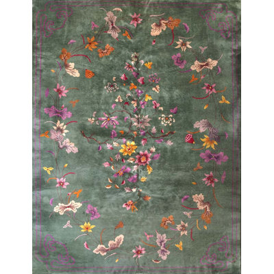 Antique Green Color Floral Room Size Chinese Art Deco Wool Rug