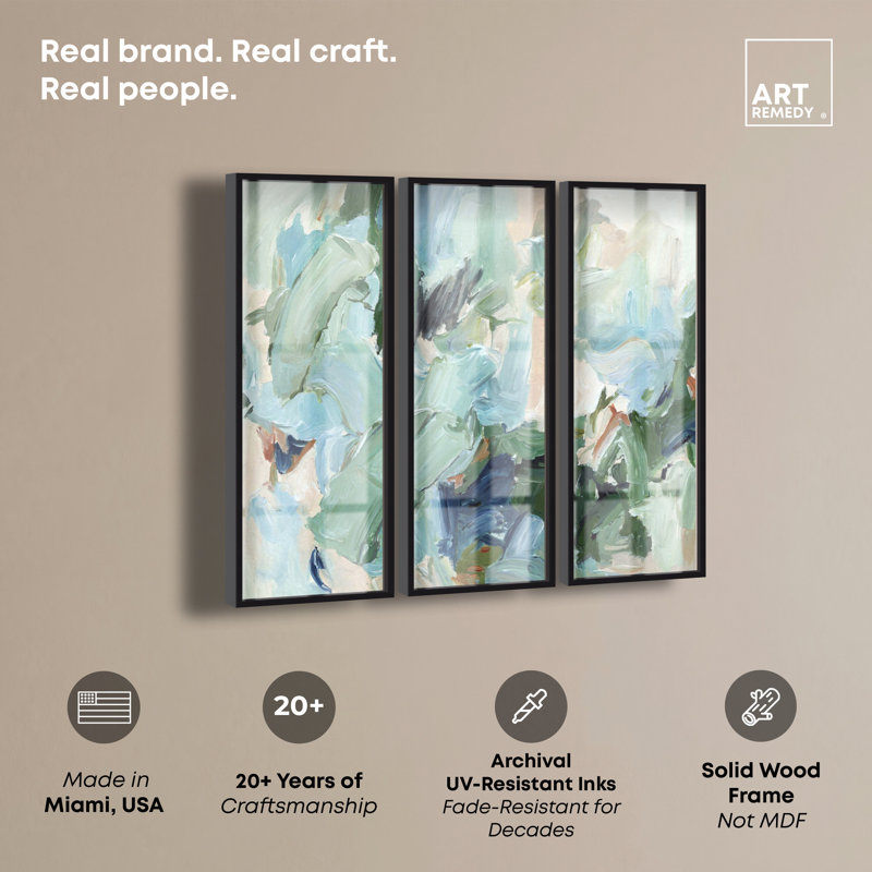 Ensemble de décorations murales «Echoes in Sage I - Ira Colmeva Shadowbox» par Art Remedy, cadre noir, 16 x 48, Cadre noir