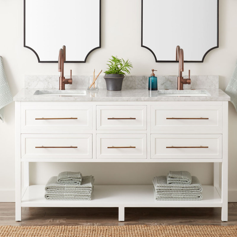 60" Robertson Double Bathroom Vanity Set with Rectangular Undermount Sinks, White, 8" Widespread, Feathered White Quartz