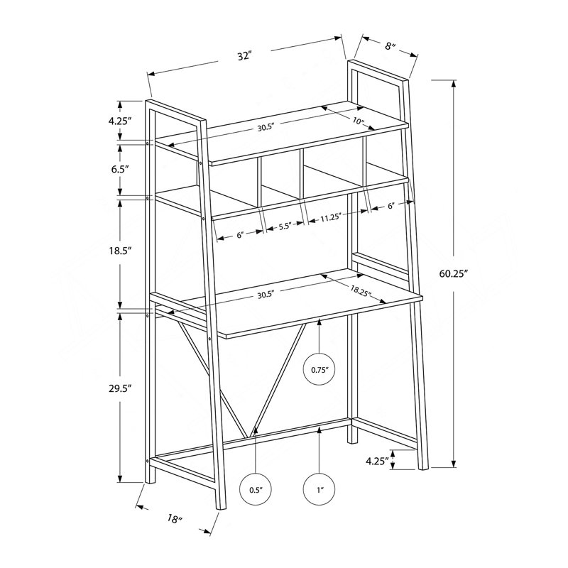 Bureau d'ordinateur moderne avec tablettes de rangement pour le bureau personnel et les espaces de travail pour ordinateur portable.