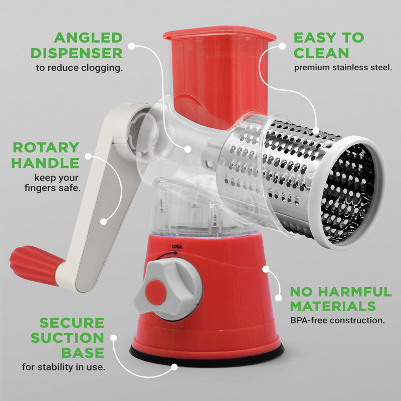Râpe à fromage et déchiqueteuse 3 en 1 Nutrichef | Base d'aspiration robuste, poignée rotative avec verrou de sécurité | Comprend une brosse de nettoyage, une manivelle et 3 pales pour 3 textures, fine, moyenne et bandes