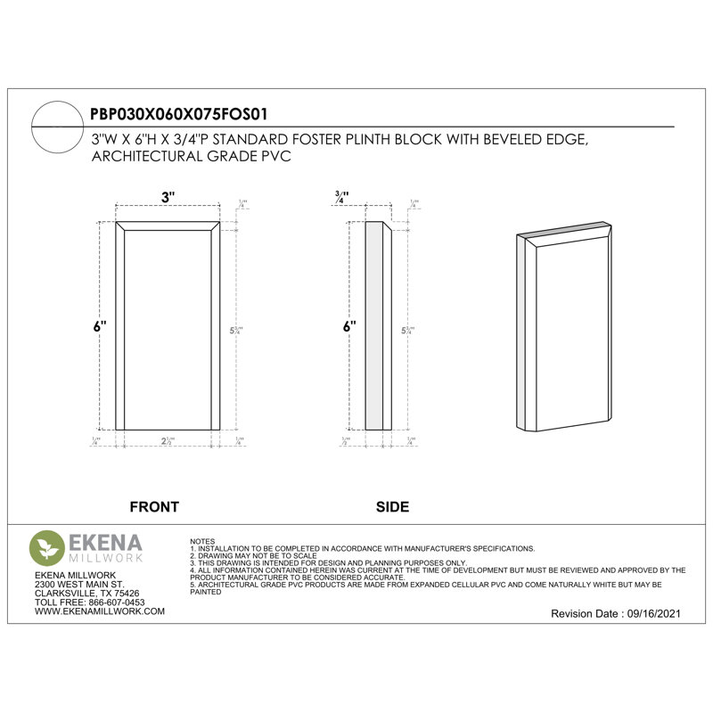 Bloc de socle standard à bords biseautés l 3 po x H 6 po x P 3/4 po, H 6 po x l 3 po x p 0,75 po