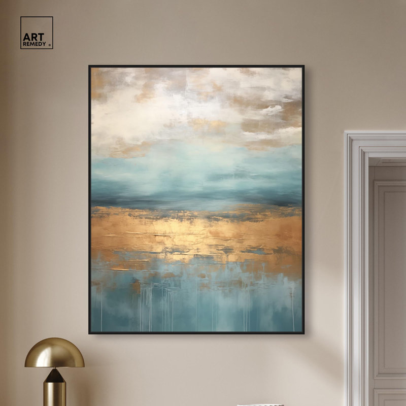 «Cloudscape in Gold III» par Art Remedy, H 46 po x l 37 po, Cadre flottant, Noir