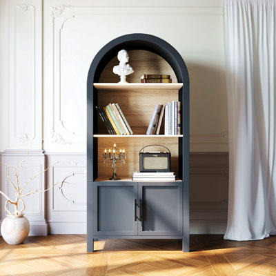 66.70 Inch Tall Arched Bookcase With Storage, Mid-Century Modern 3-Tier Arched Cabinet With Door, Arched Bookshelf Cabinet With Open Display Storage Shelf