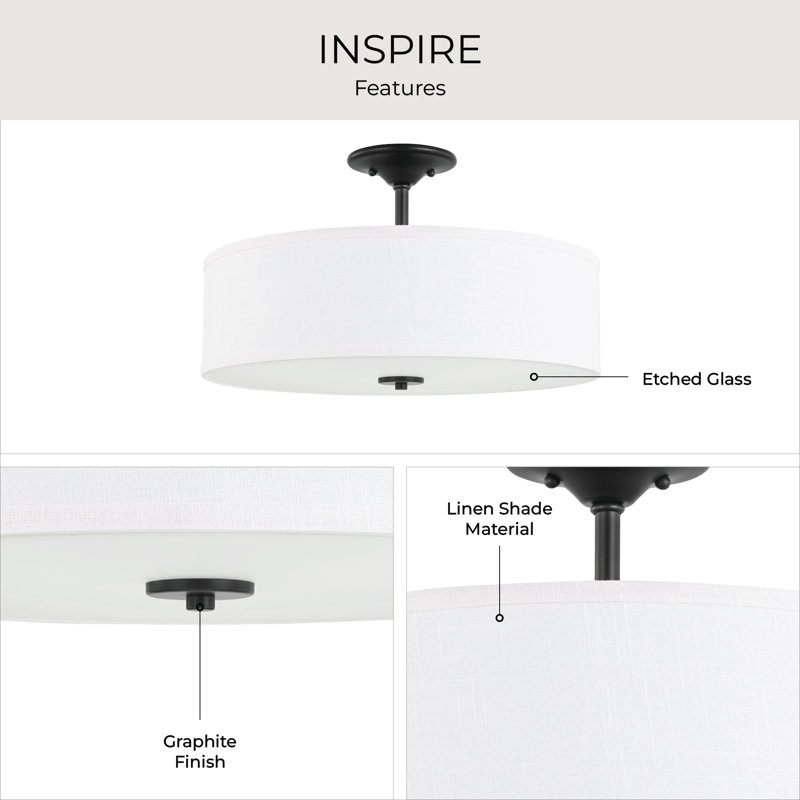 Armindo 3-Light Graphite Semi-Flush Mount Light with Summer Linen Shade, Graphite