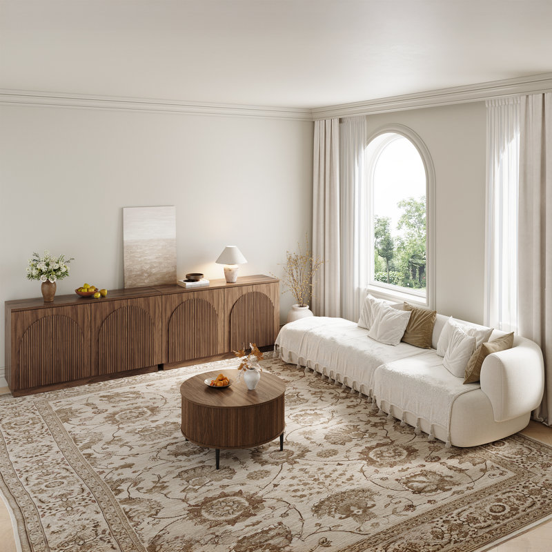 Designer Curved Three-dimensional Texture Lift Top Coffee Table, Brown Wood