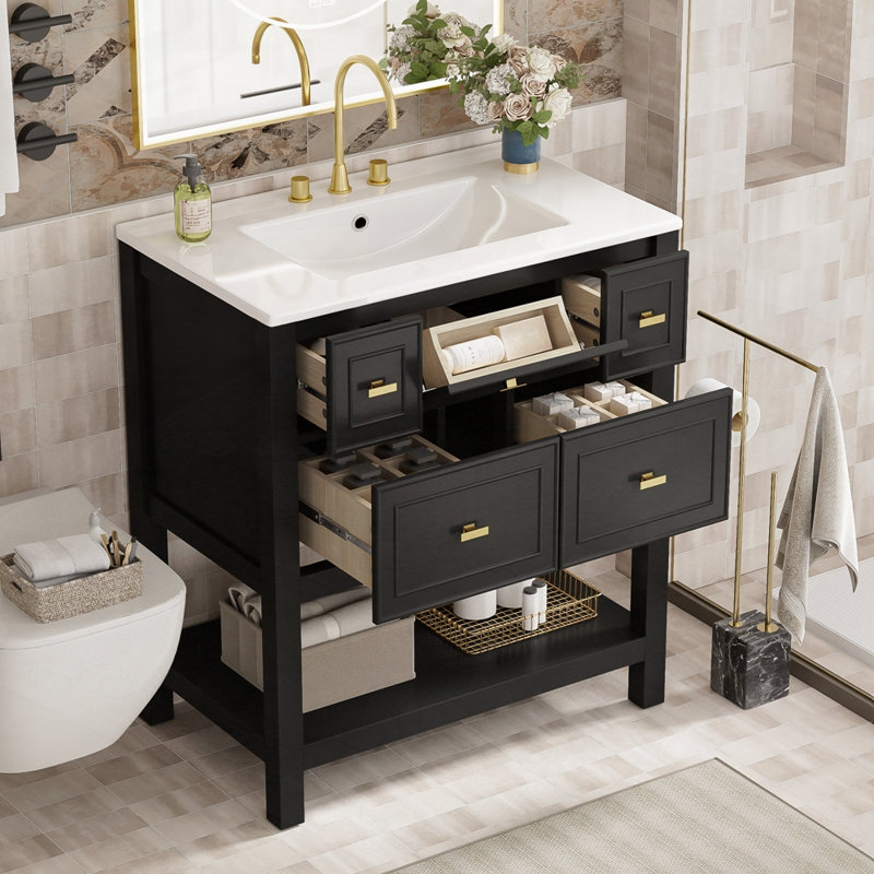 Ensemble de meuble-lavabo avec lavabo en céramique, Noir, noir, noir, noir