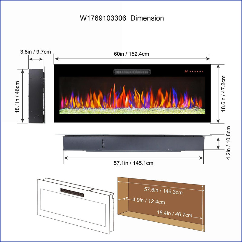 Electric Fireplace 60 Inch Wall-Mounted/Recessed with Remote, Multi-Color Flame | Tempered Glass+Sheet Metal+Plastic | Vent Free