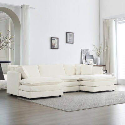 U-Shaped Modular With 2 Ottomans, 5 White Couch For Living Room, Breathable Material Room Reversible Footrest, Convertible White, Fabric
