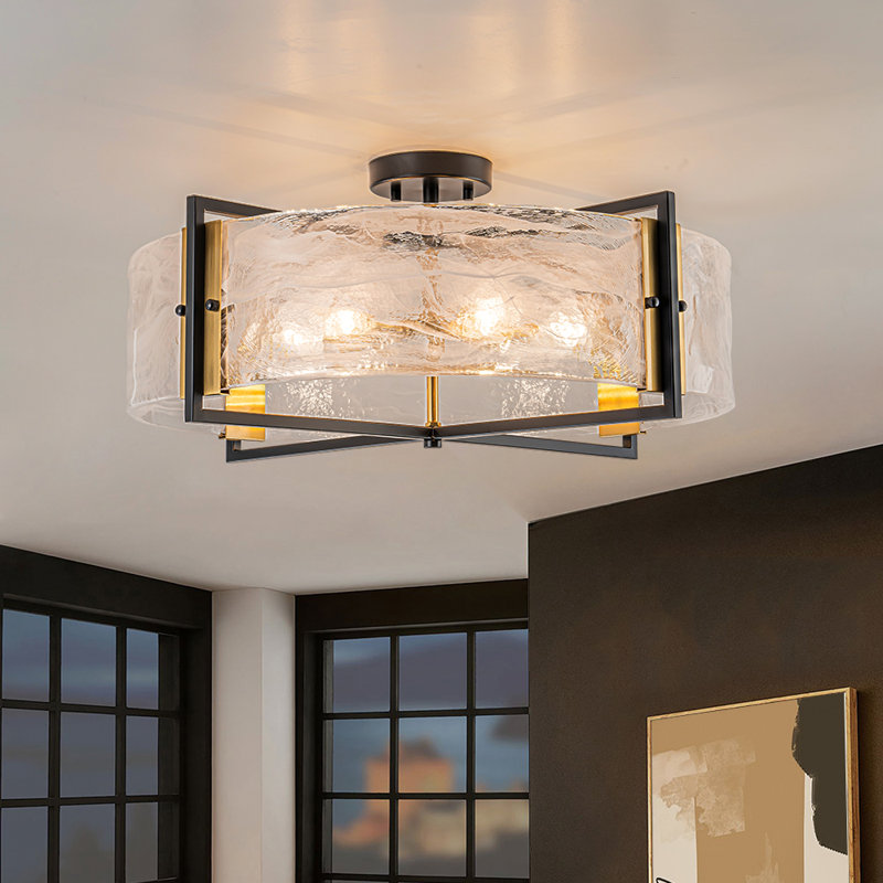 Akosita 6-Light White Mist Glass Drum Semi-Flush Mount, Matte Black/Brushed Gold