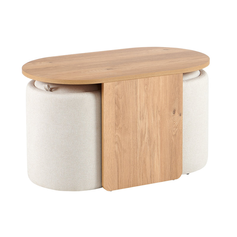 Ensemble de tables basses ovales en MDF avec 2 repose-pieds en lin beige, tabourets gigognes avec rangement caché pour petit salon