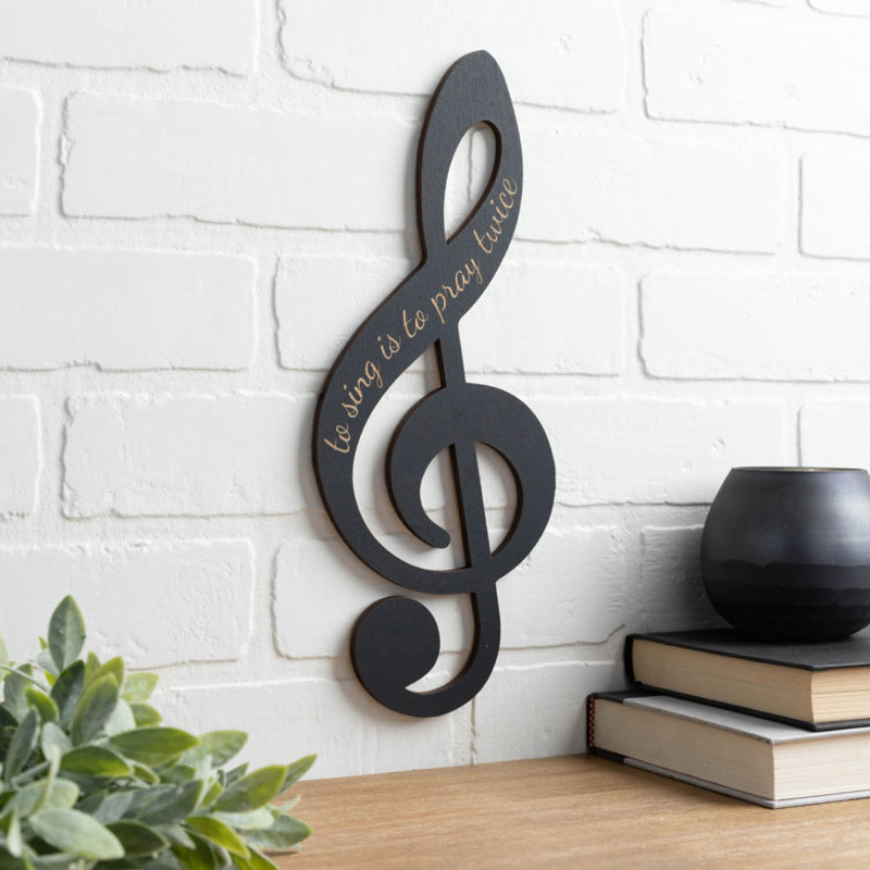 «To Sing Is To Pray Treble Clef Music Note Plaque» découpé au laser en bois noir | Décoration amusante pour musicien | 5 po x 12,75 po