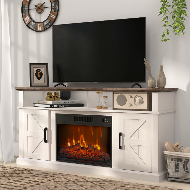 Boyle 58" Farmhouse TV Stand For TV Up To 65" With Electric Fireplace, White