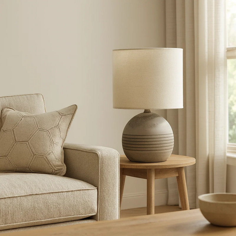 Addy Table Lamp, Beige Resin Textured Globe Base, Tall Linen Shade, Beige