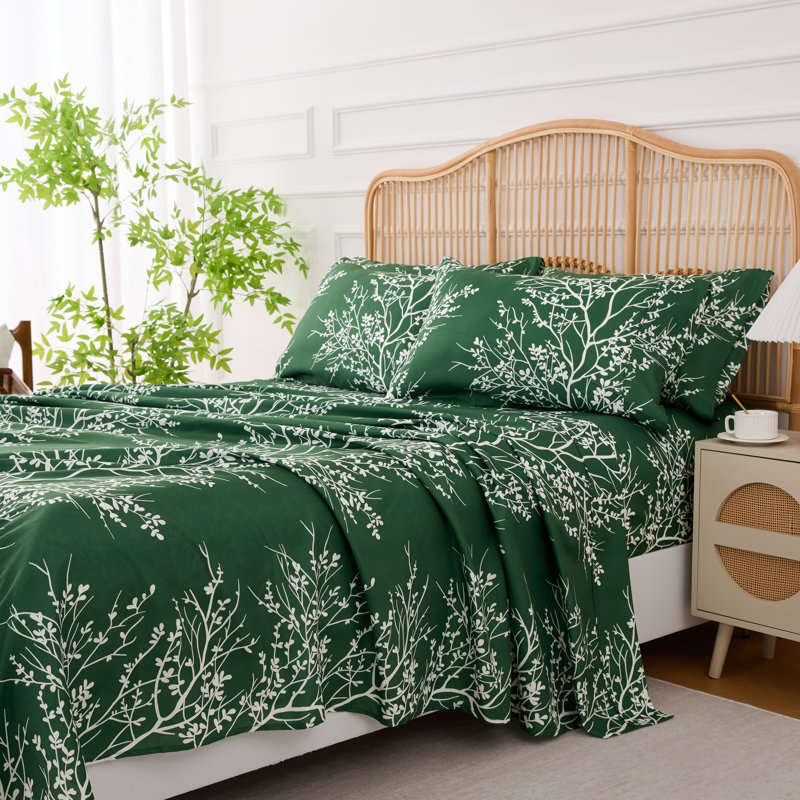Ensemble de draps en microfibre Foliage, Ensemble de draps pour lit simple avec un drap-hou, Chasseur / Ivoire