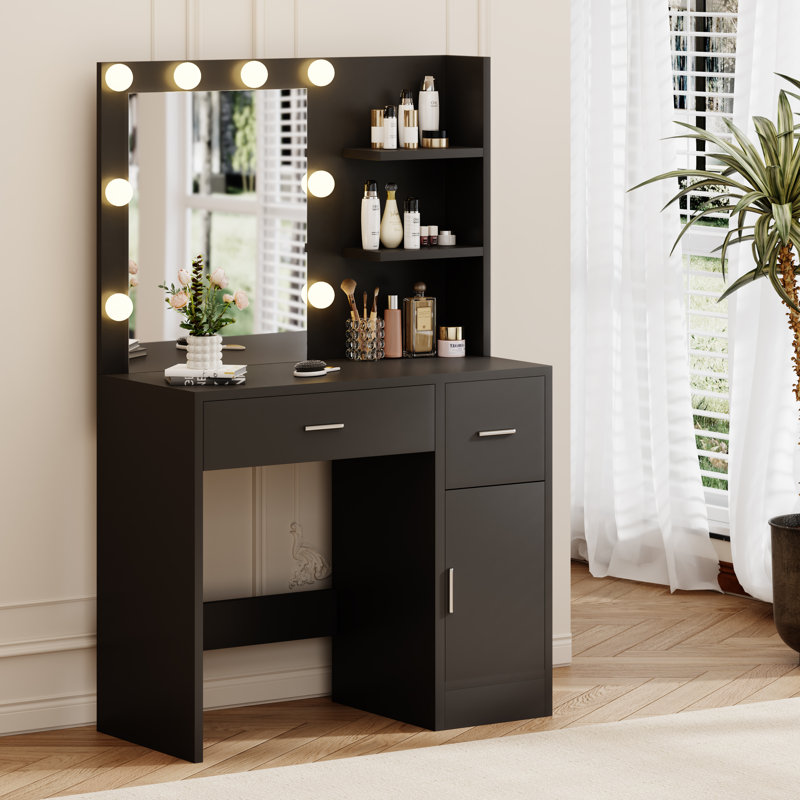 Bureau de maquillage avec lumière et miroir, Noir