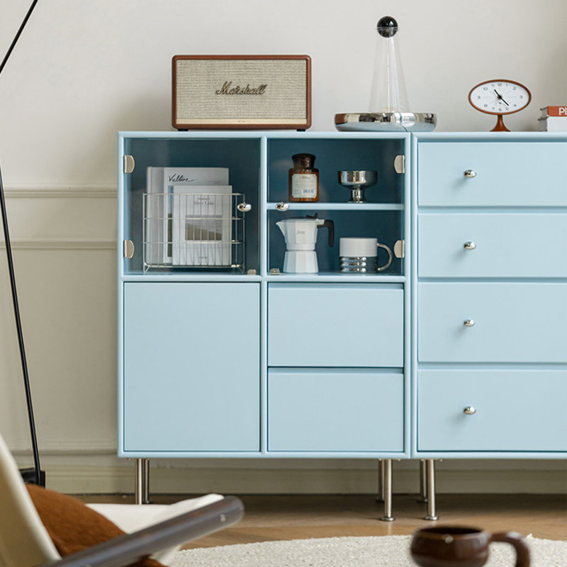 Armoire décorative moderne bleu + bois manufacturé argent + verre + acier inoxydable