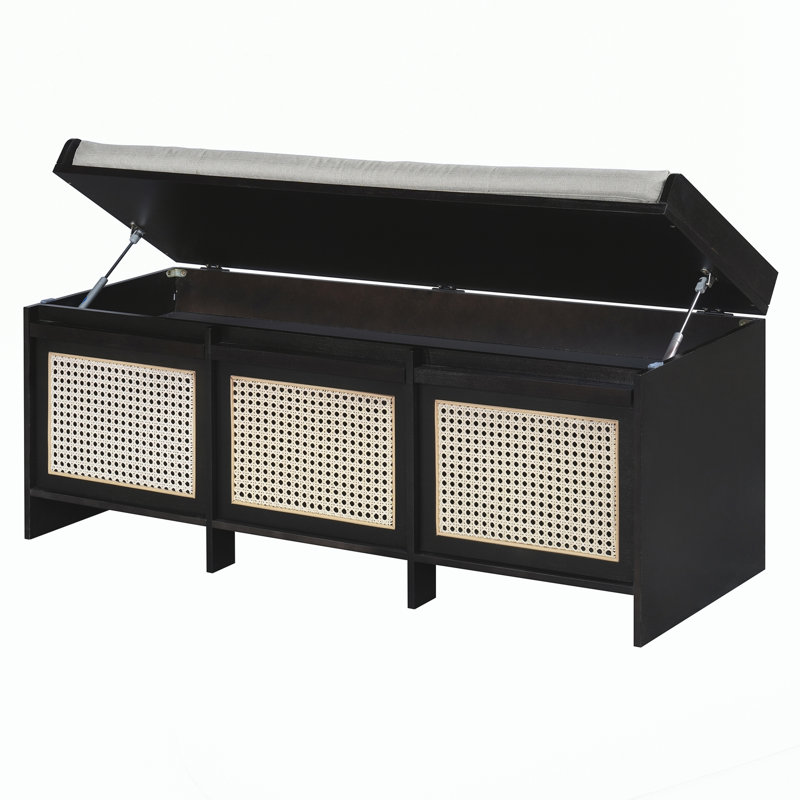 Banc d'entrée pour chaussures, banc de rangement rétro avec tiroirs en rotin, Noir