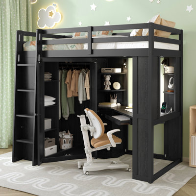 Twin Size Loft Bed with Integrated Large Wardrobe and Desk, All-in-One Space-Saving High Bed with Pull-out Keyboard Tray, Charging Station and Dual Metal Spotlights-Black