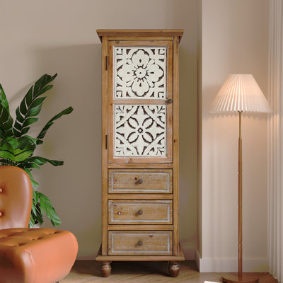Armoire de rangement rustique en bois avec porte découpée décorative et 3 tiroirs, grand organisateur étroit pour le salon, la chambre à coucher
