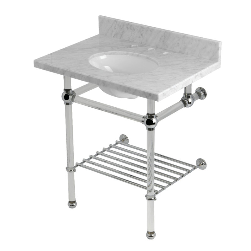 Kingston Brass Templeton 30-Inch Carrara Marble Console Sink with Acrylic Legs and Shelf (8-Inch, 3-Hole)
