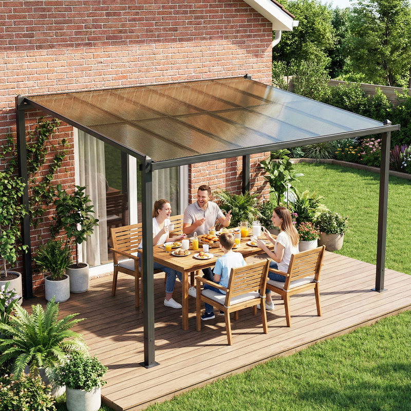Outsunny 3.6 x 3 m Lean to Garden Pergola with Waterproof PC Roof Dark Grey