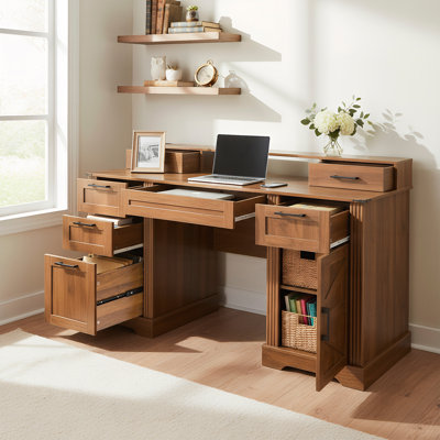 59" Farmhouse Office Desk With  Charging Station & Storage Cabinet, Barn Door Design Home Study Desk With File Drawer, Monitor Stand And Keyboard Tray For Office, Study, Living Room, Dark Walnut