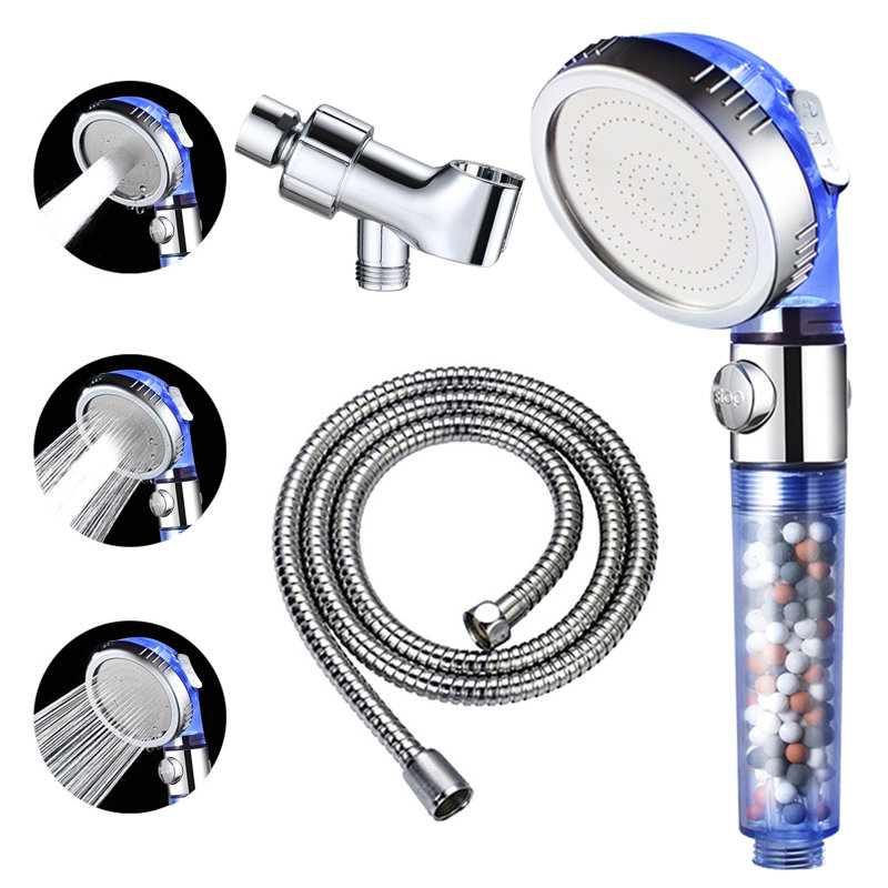 Blue Filtered Handheld Shower Head With Pause Switch And 5Ft Hose, Chrome/Blue