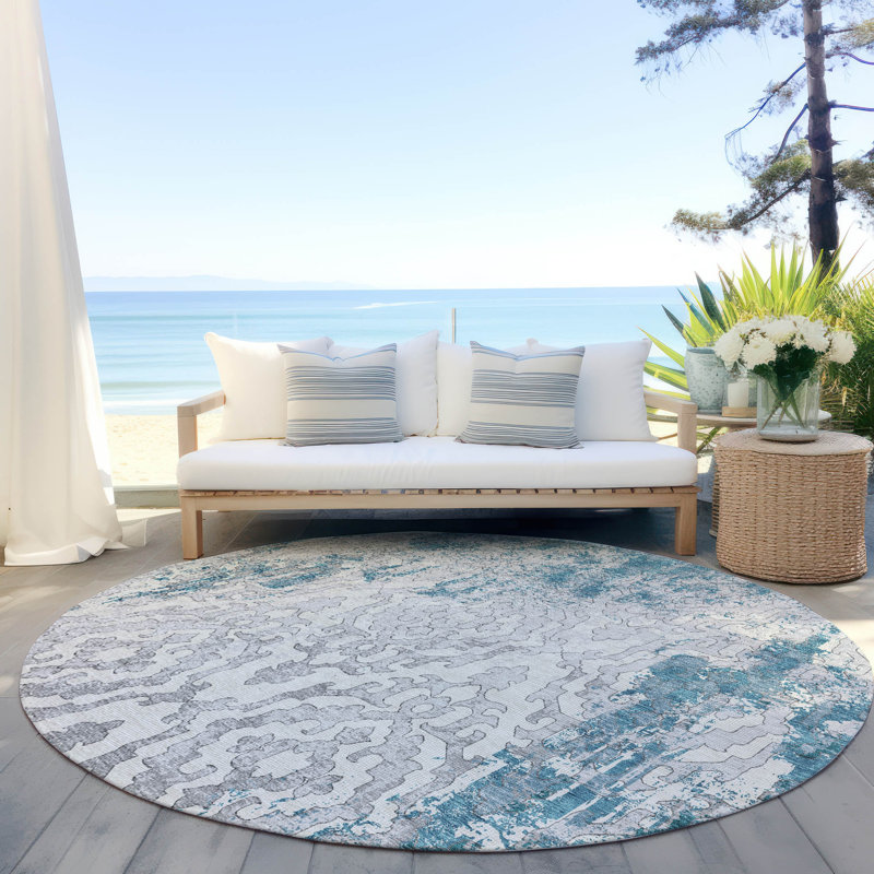 Tapis gris / bleu sarcelle tissé à la machine Lamanna, Rond 8 pi