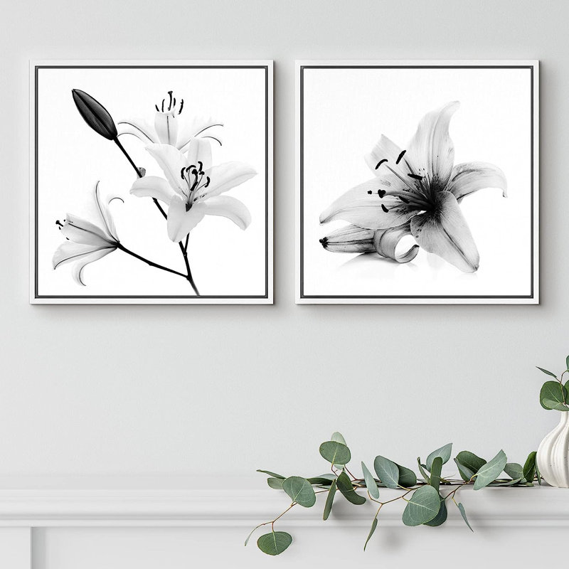 Minimal Botanical " Film Grain Lily Flower Closeups Floral Plants " 2 - Pieces, Black Framed, 16" H x 32" W x 1.5" D