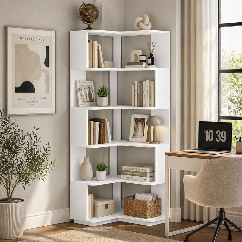  Bibliothèque de coin 64,96 "de haut à 6 niveaux en forme de L, bibliothèque industrielle autoportante avec panneau anti-chute, présentoir à grain de bois robuste pour salon de chambre à coucher