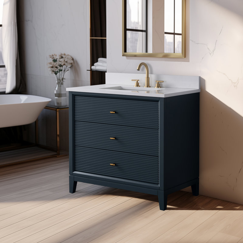 Meuble-lavabo autoportant à simple cuve 36 po avec plateau en marbre Caldwell, Blanc Ariston, Bleu épinette rétro