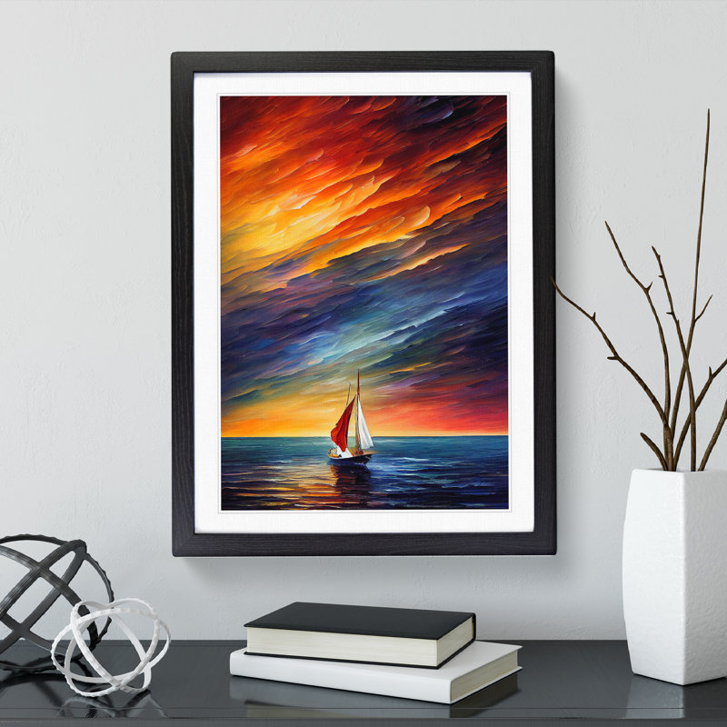 Boat At Sunset No.2 - Painting, Black Framed, 66cm H x 48cm W x 2cm D, White