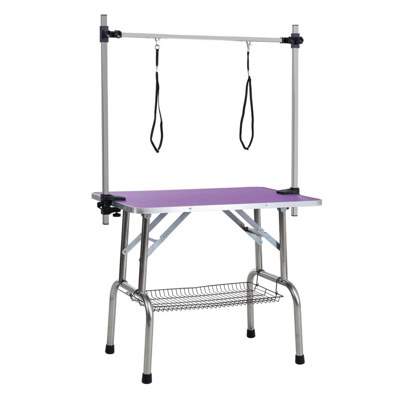 Table de toilettage pliante pour chien 36 po avec cadre en acier inoxydable et support réglable, Mauve