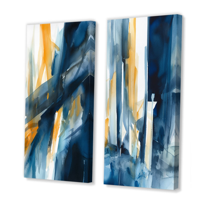 «Blue And Gold Fusion», 2 pièces sur toile, Toile tendue, H 24 po x l 20 po